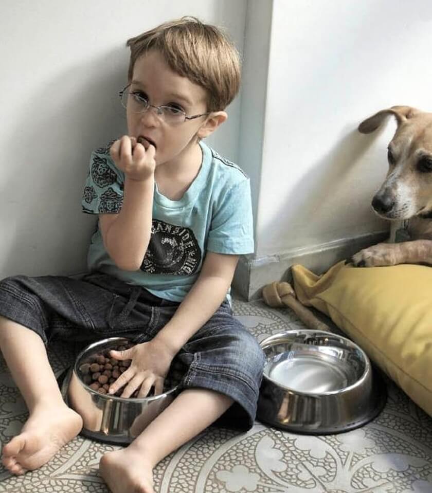 kid eating dog food