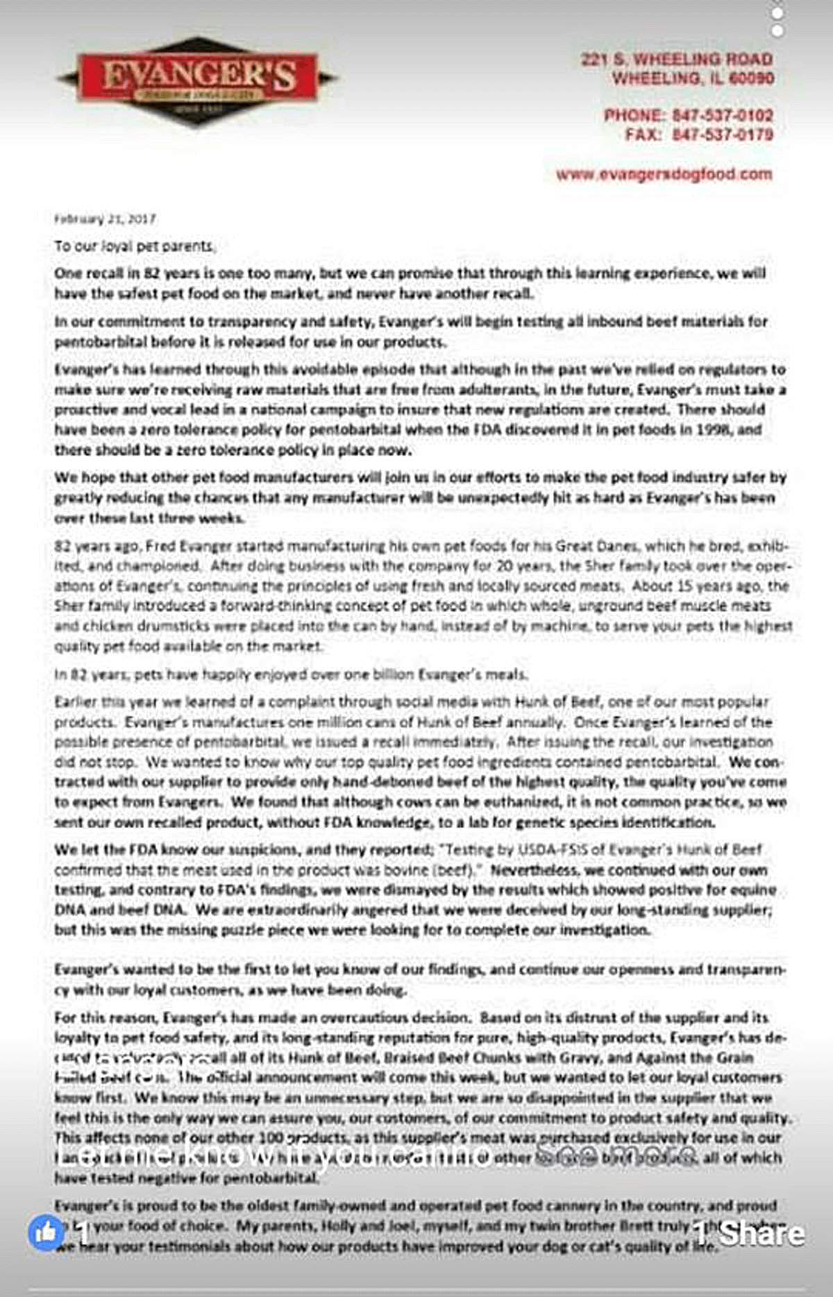 Evanger-letter-to-retailers-2.21.2017-pet food recall
