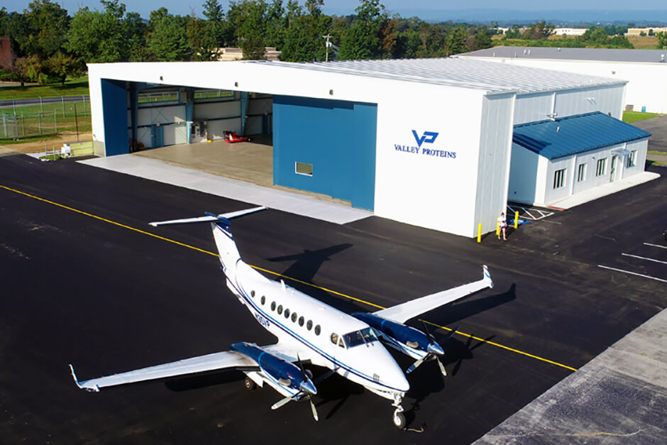 One of Valley Proteins' private jets, the one pictured is a Hawker Beechcraft King Air 300 with custom-built hangar. Their other jet (not shown) is a Hawker Beechcraft 900XP.