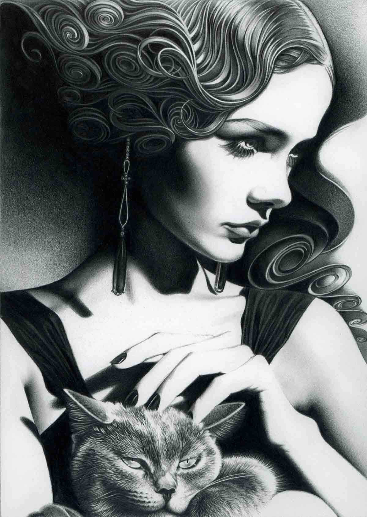 woman with cat drawing art by mollie morrissette