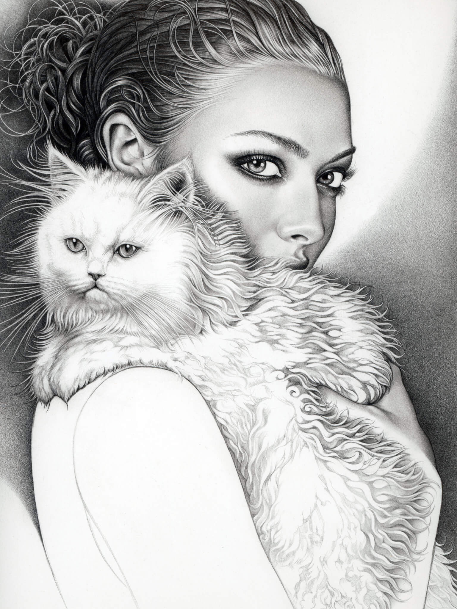 Actress with Fluffy White Cat Drawing by Mollie Morrissette