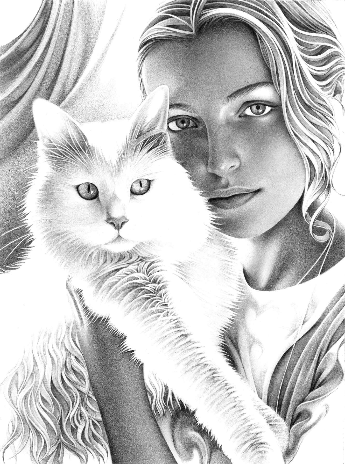 drawing of woman holding white cat