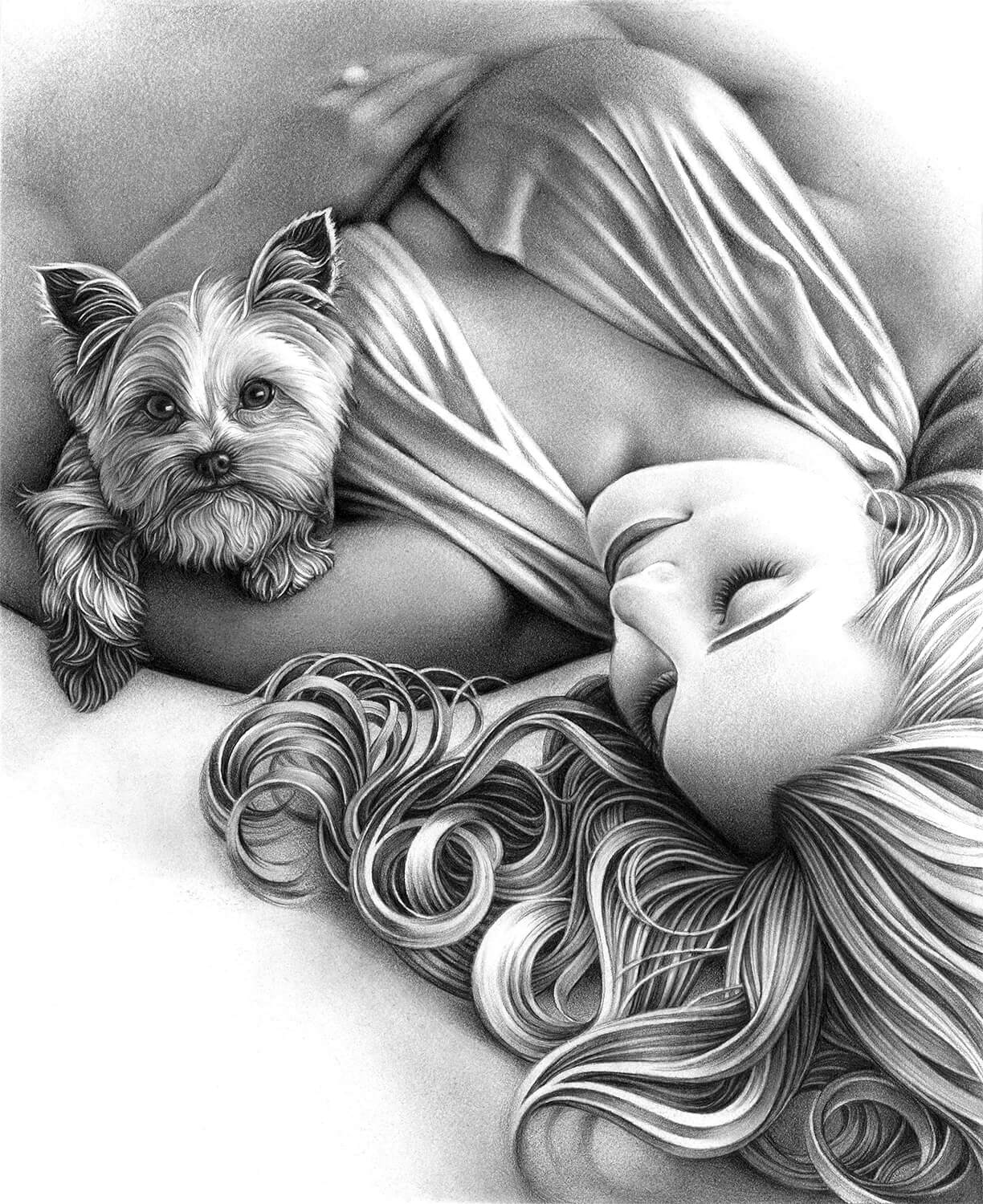 drawing of woman holding small dog 