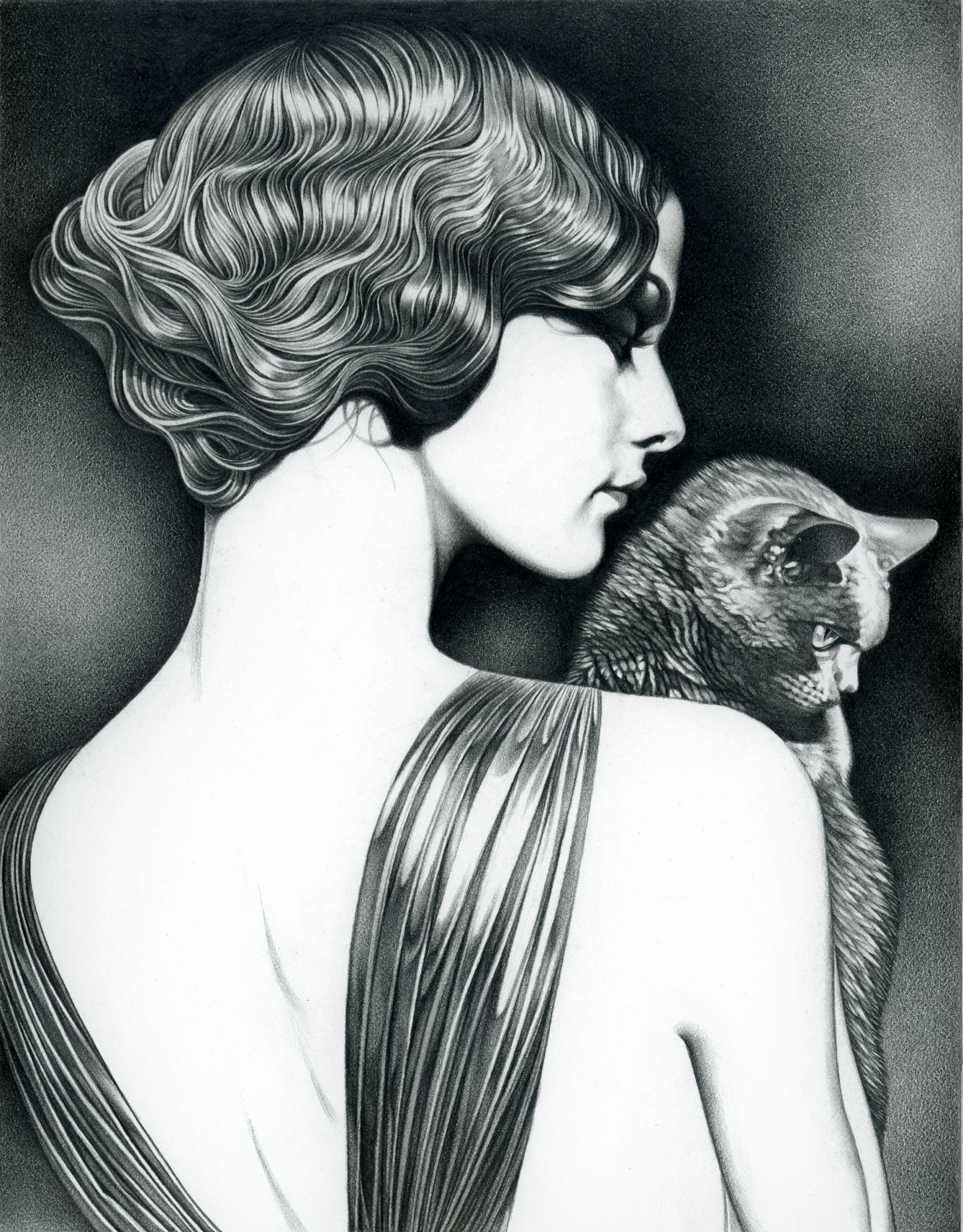 drawing of woman holding black cat