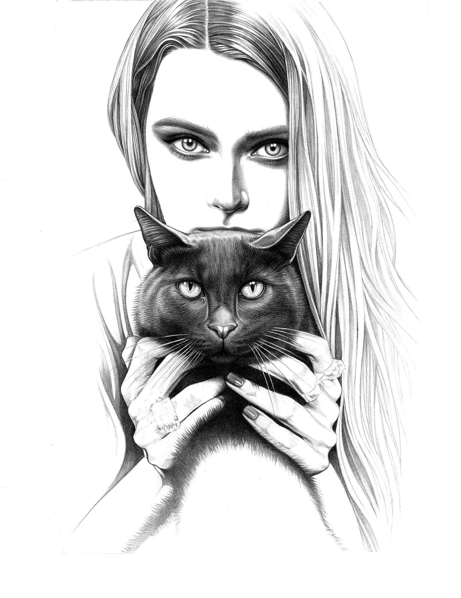 drawing of woman holding black cat 