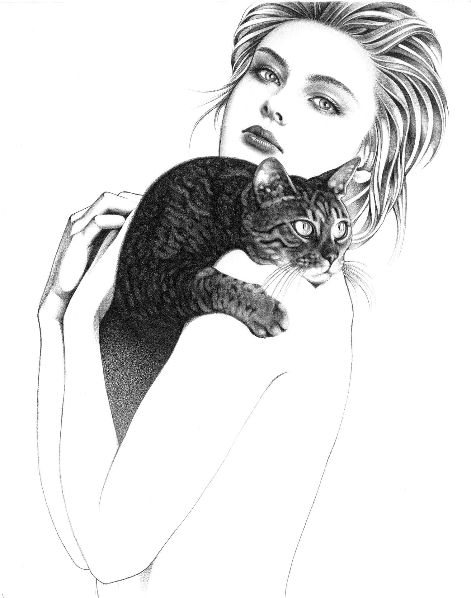 drawing of lady with tortoise shell cat