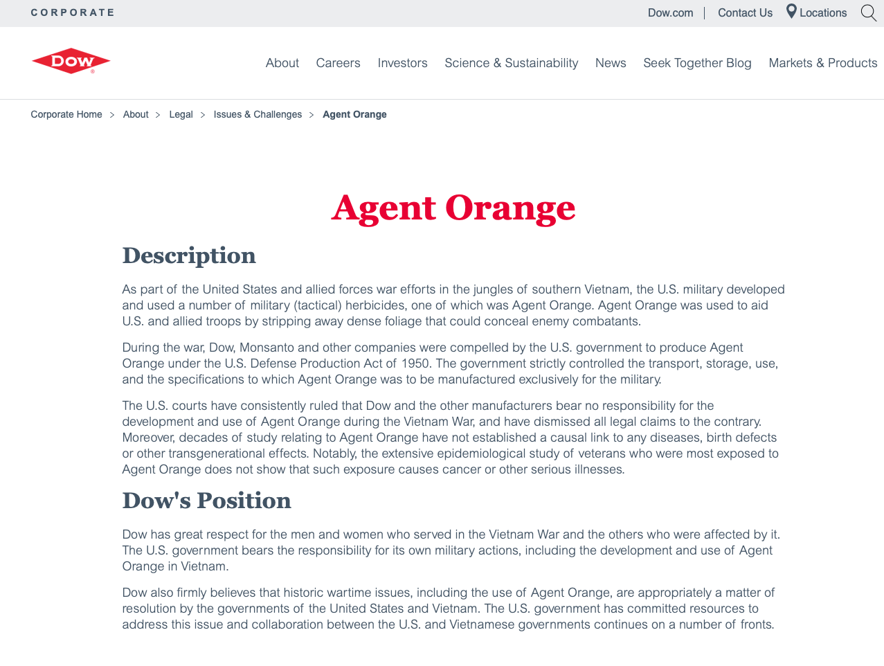 Dow's statement on Agent Orange